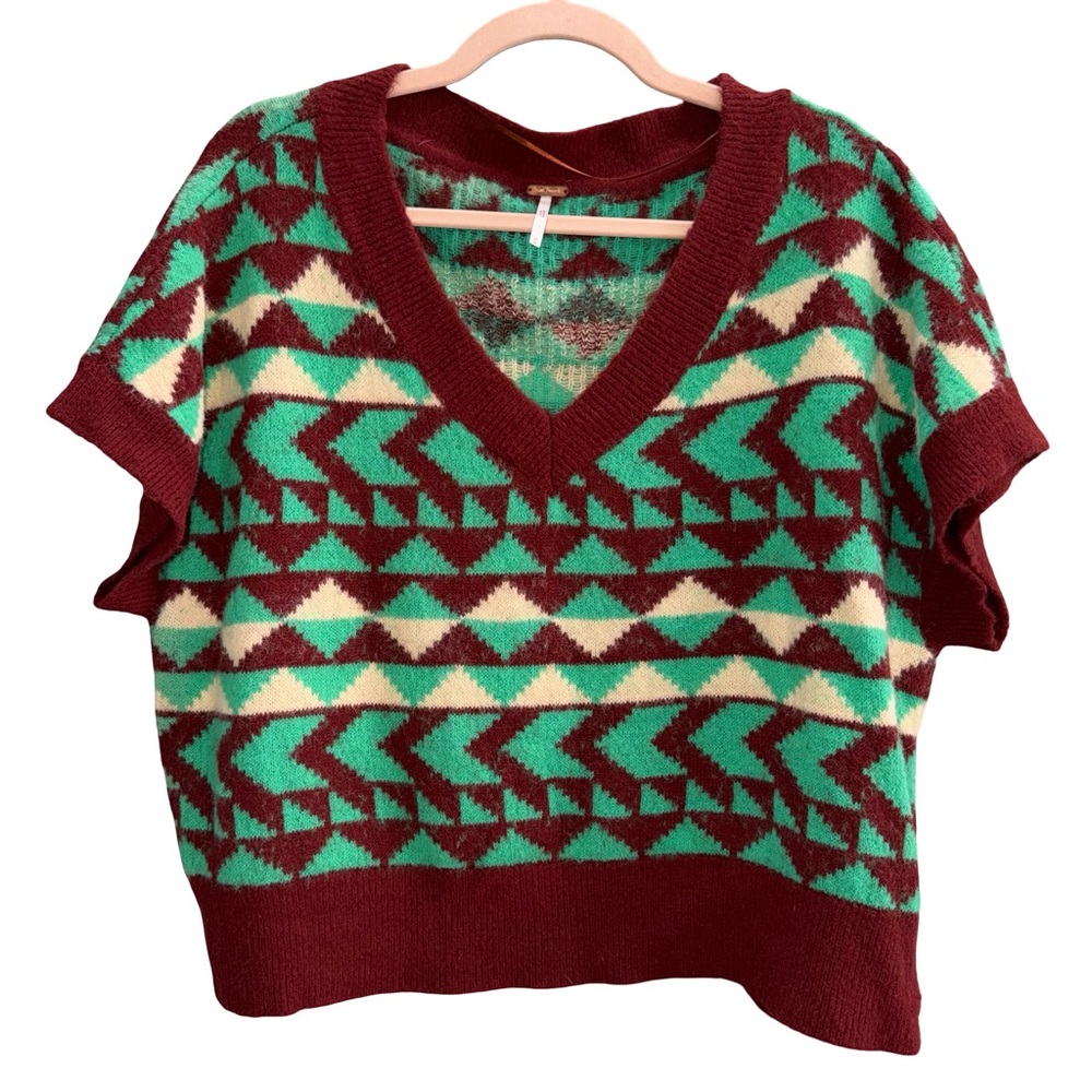 Free people Geometric Patterned V-Neck Sweater - Green and Burgundy M